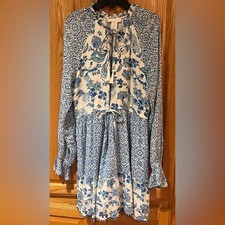 House of Harlow 1960 Boho Blue Floral Fringe Tiered Babydoll Mini Dress Small
