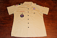 Boy Scouts of America BSA Men's Shirt Tan Large Sewn Patches Short Sleeve