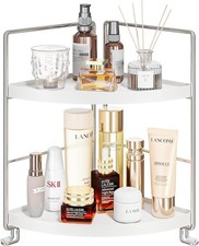 KINGNERWI 2-Tier Bathroom Counter Organizer, Vanity Corner Shelf, Silver 