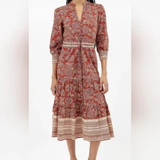 Veronica Beard Swedie Rust Floral Midi Dress Size 6 Boho  3/4 Sleeve