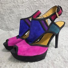 Nine West Platform Heels Suede Colorblock Peep Toe 80s VIBE Womens 9M Flaw