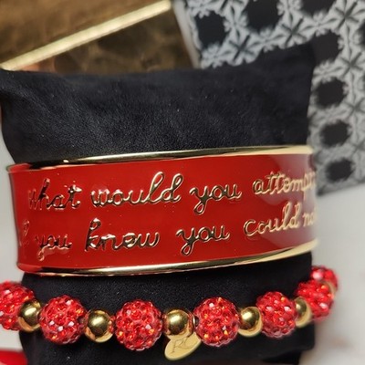 Rustic Cuff Red & Gold Cuff Bracelet w/ Red Round Crystal Beaded Stackable