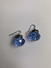 Light Blue Faceted Glass Bead Dangle Earrings Silver Tone