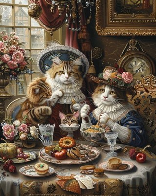 8x10 Art Print Cats Eating Food Painting Two - 21700959
