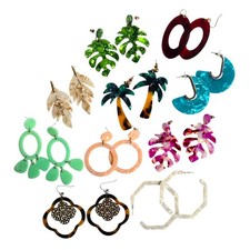 Monstera Leaf Tropical Palm Hoop Dangle Earrings Acetate Acrylic Lot of 10 Pairs
