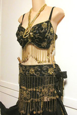 Belly Dance 4 Pc Black Gold Coins Costume- Skirt, Overskirt, Bra 38C,  Necklace