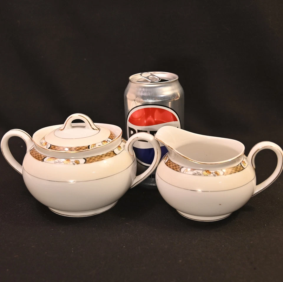 Noritake Creamer & Sugar w/Lid Geometric Band Florals w/Gold 1918 Hand Painted - image 2 of 4