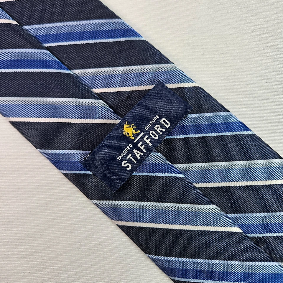 Corbata Stafford Hombre Azul Blanco Rayas 3.25" x 63" Foto 4 de 4