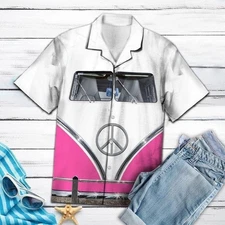 Pink Hippie Bus Unisex Full Size Adult Colorful, Tropical Hawaiian Shirt, Aloha