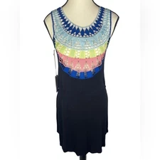 Ocean Drive Black Mini Sundress romper  W/ Colorful Crotchet Front Size: S