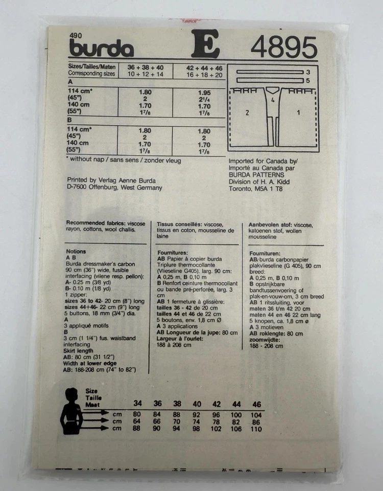 Burda 4895 Full Skirt Calf Length Size 10-20 Uncut - Image 2 of 2