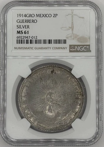 1914 GRO Mexico Revolution 2 Pesos Electrum (Gold Silver Alloy) NGC MS-61