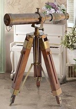 Vintage Antique Nautical Gift Decorative, Solid Brass Telescope w/ Wooden Tripod