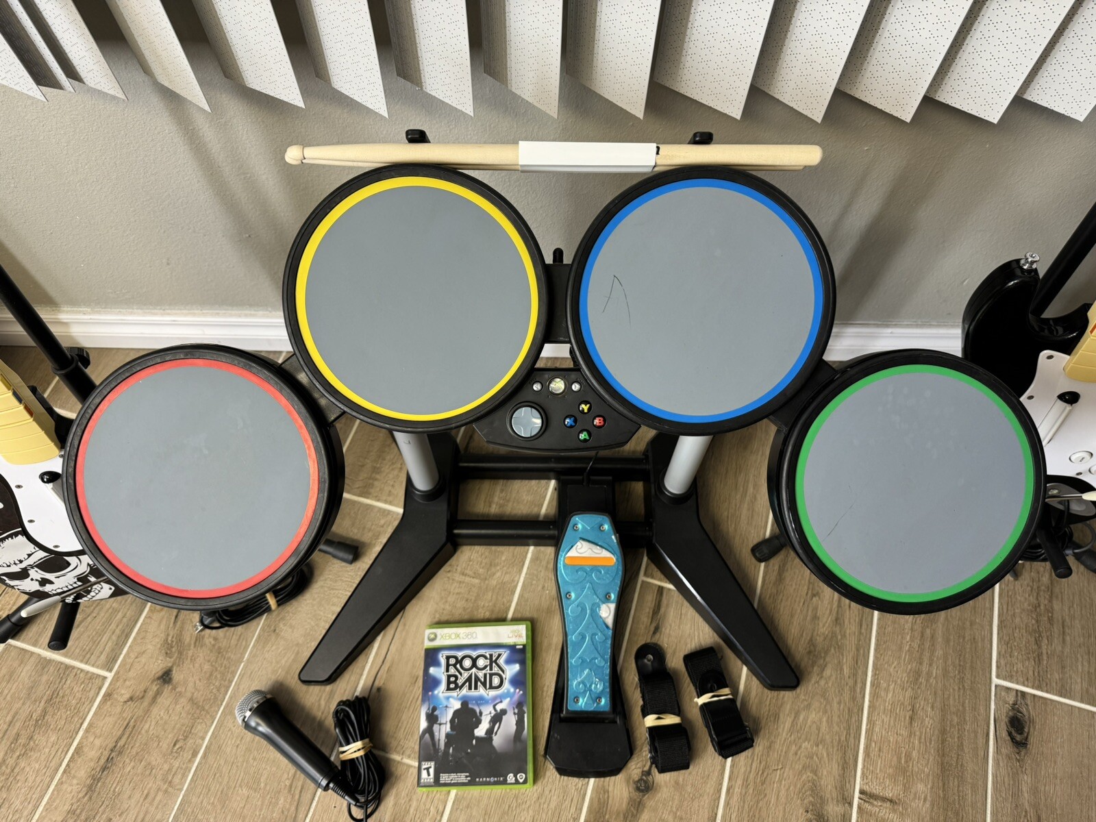 Xbox 360 Rock Band Bundle Lot 2 Wired Guitars, Wired Drums, Mic, Games