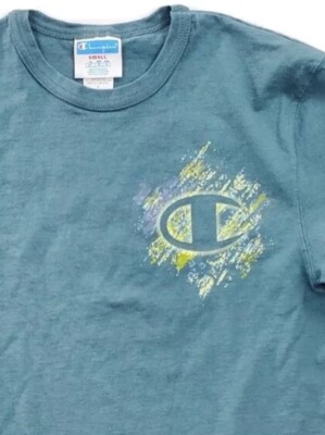 Vtg Champion Blur Graphic T-Shirt Mens S Pastel Teal Blue SS Cotton Crewneck Y2K