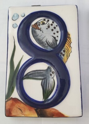 Ceramic House Tile Number 1  8 0 Blue Ivory  Fish Designs Colorful Glossy Choice