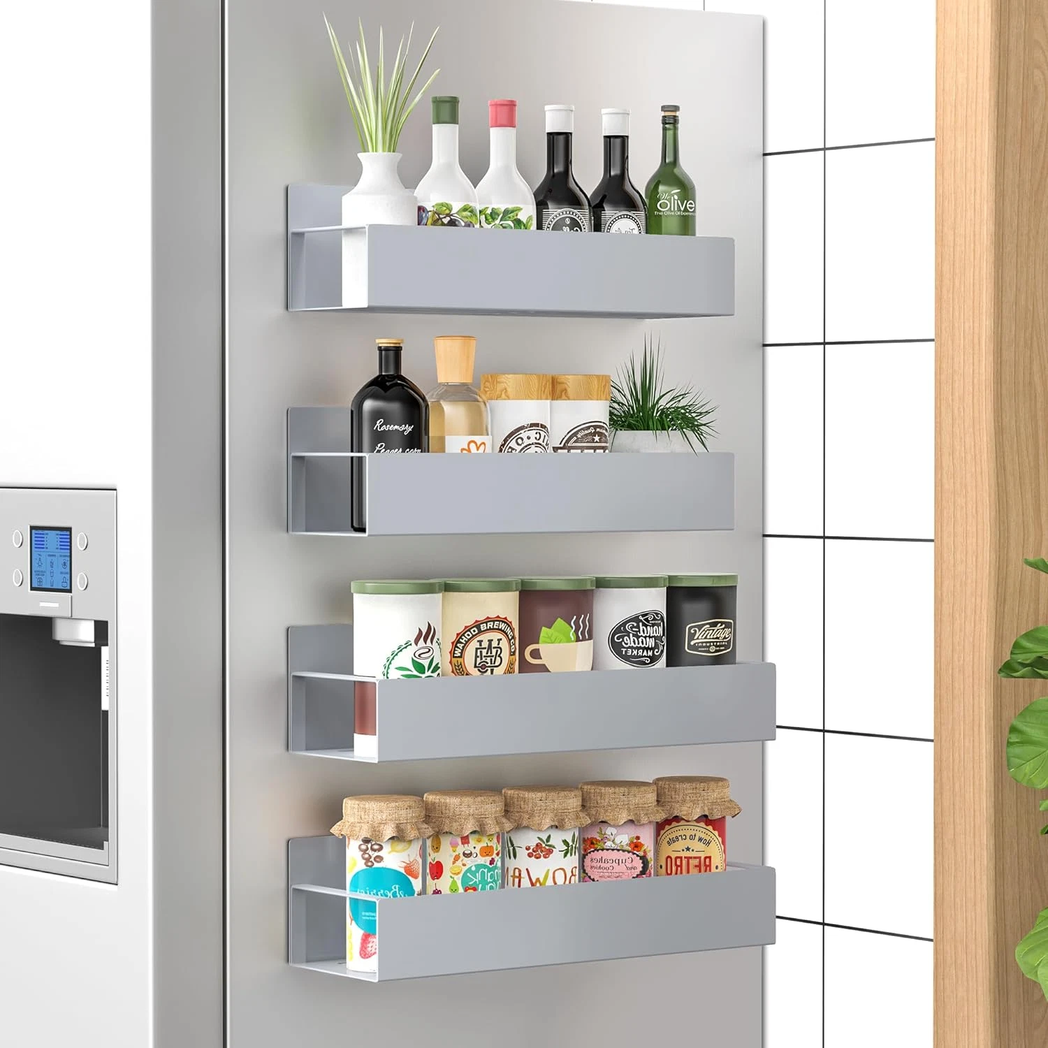 4 Pack Magnetic Spice Storage Rack Organizer for Refrigerator and Oven, Gray Fri