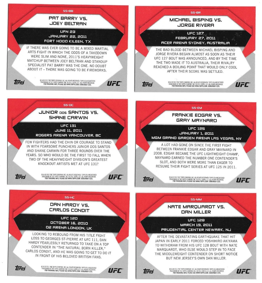 Lot: 6 2011 Topps UFC Moment of Truth Showdown Shots Bisping Condit Edgar Hardy - Image 2 of 2