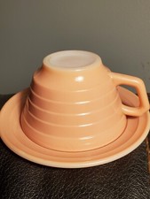 Hazel Atlas Moderntone Platonite Pastel Pink Cup  Saucer Glass, nice