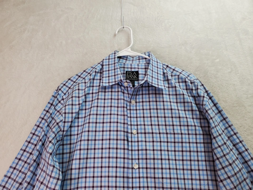 Jos. A. Camisa de vestir Bank para hombre grande azul borgoña a cuadros ajuste a medida con botones Foto 4 de 4