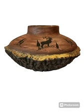 11" Moose Vase Planter Carved POTTERY Cabin Wilderness Decor Round Faux Wood