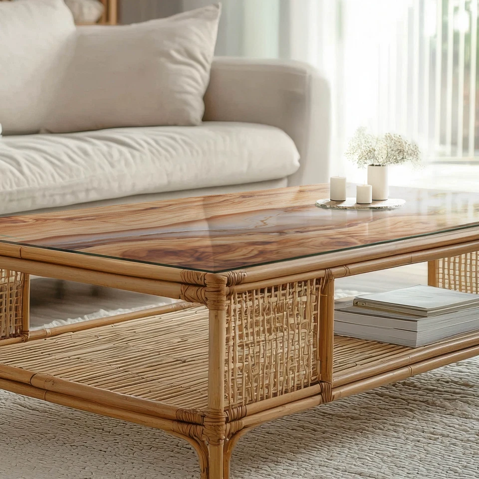 Glasplatte Glasscheibe Tischplatte Rechteckig Gehärtet Naturholz mit Harz 120x60 - Bild 3 von 4