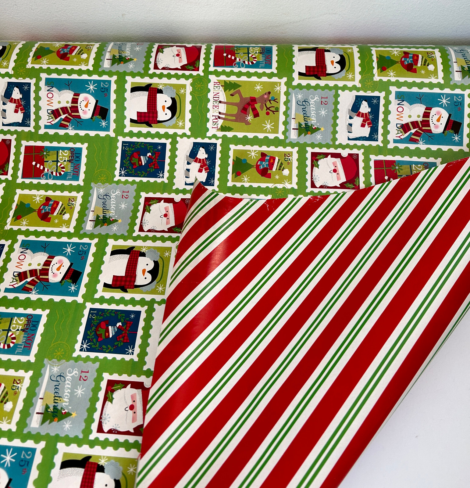30" Christmas Department Store Gift Wrap Roll REVERSIBLE Stripes Stamps