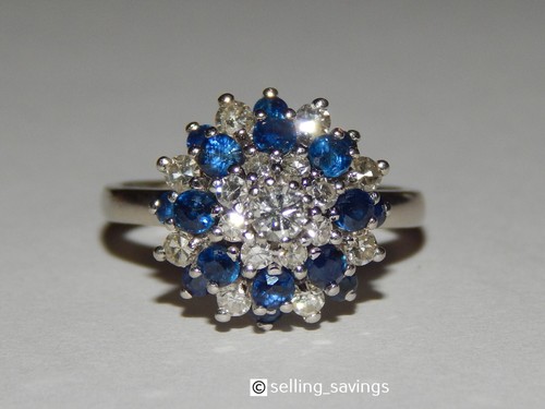 14K VINTAGE WHITE GOLD DIAMOND & BLUE SAPPHIRE PRINCESS COCKTAIL RING - Picture 8 of 9