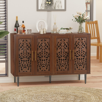Vintage Hollow Carving Buffet Cabinet With 4 Doors Wooden Sideboard With Storage