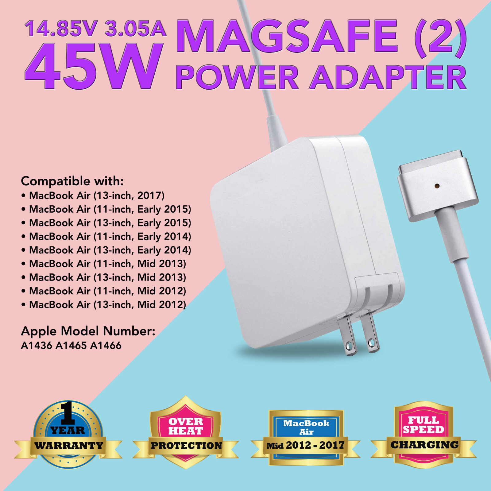 For Apple Magsafe 2 Ii Macbook Air A1435 A1465 A1436 A1466