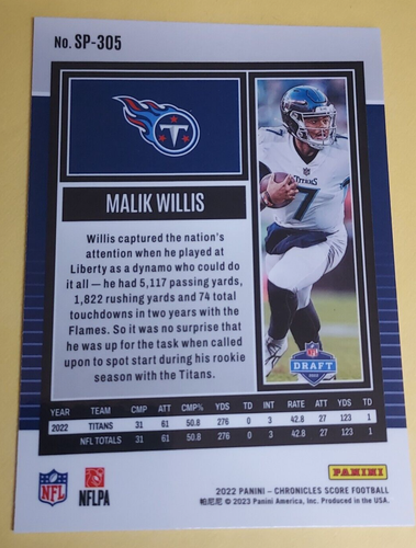 Malik Willis 2022 Chronicles Score Football Rookie #SP-305 Titans - Picture 6 of 6