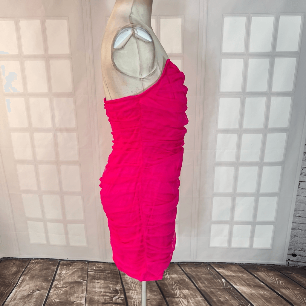 pretty little thing pink ruched dress Women's Baby Pink Bandeau Ruched Puffball Mini Dress