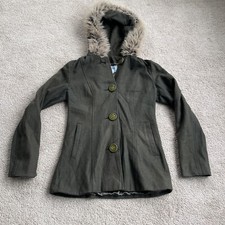 Maria Coat Womens Small Hooded Fur Wool Mid Length Jacket Button Winter