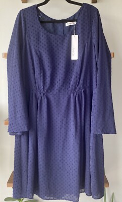 SUNNY GIRL Dress 2X Navy Blue Clip Dot Pleated Roll Tab Long