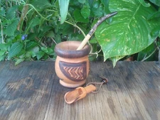 Mate Argentino Hand Carved wooden  Wood Cup , Straw, BONUS Spoon Yerba Mate Ala