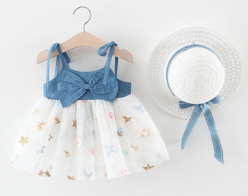StylesILove Toddler Bowknot Denim Tulle Dress Hat 2pcs Baby Girl