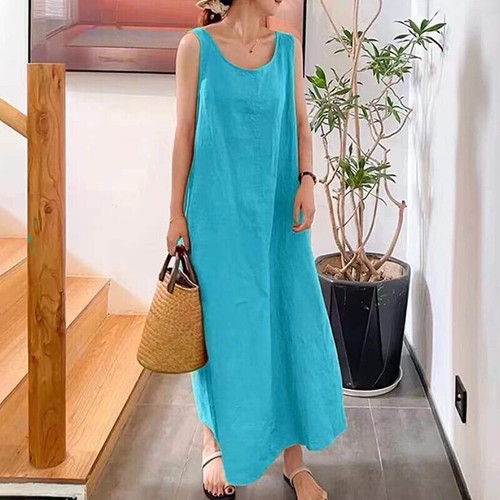 Summer Women Cotton Linen Sleeveless Dress Ladies Casual Crew Neck Maxi Sundress - Picture 39 of 40
