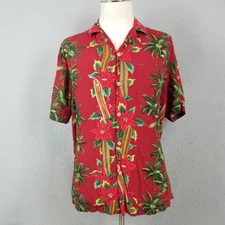 Paradise Found Shirt Mens Medium Red Hawaiian Poinsettia Christmas Palm Rayon