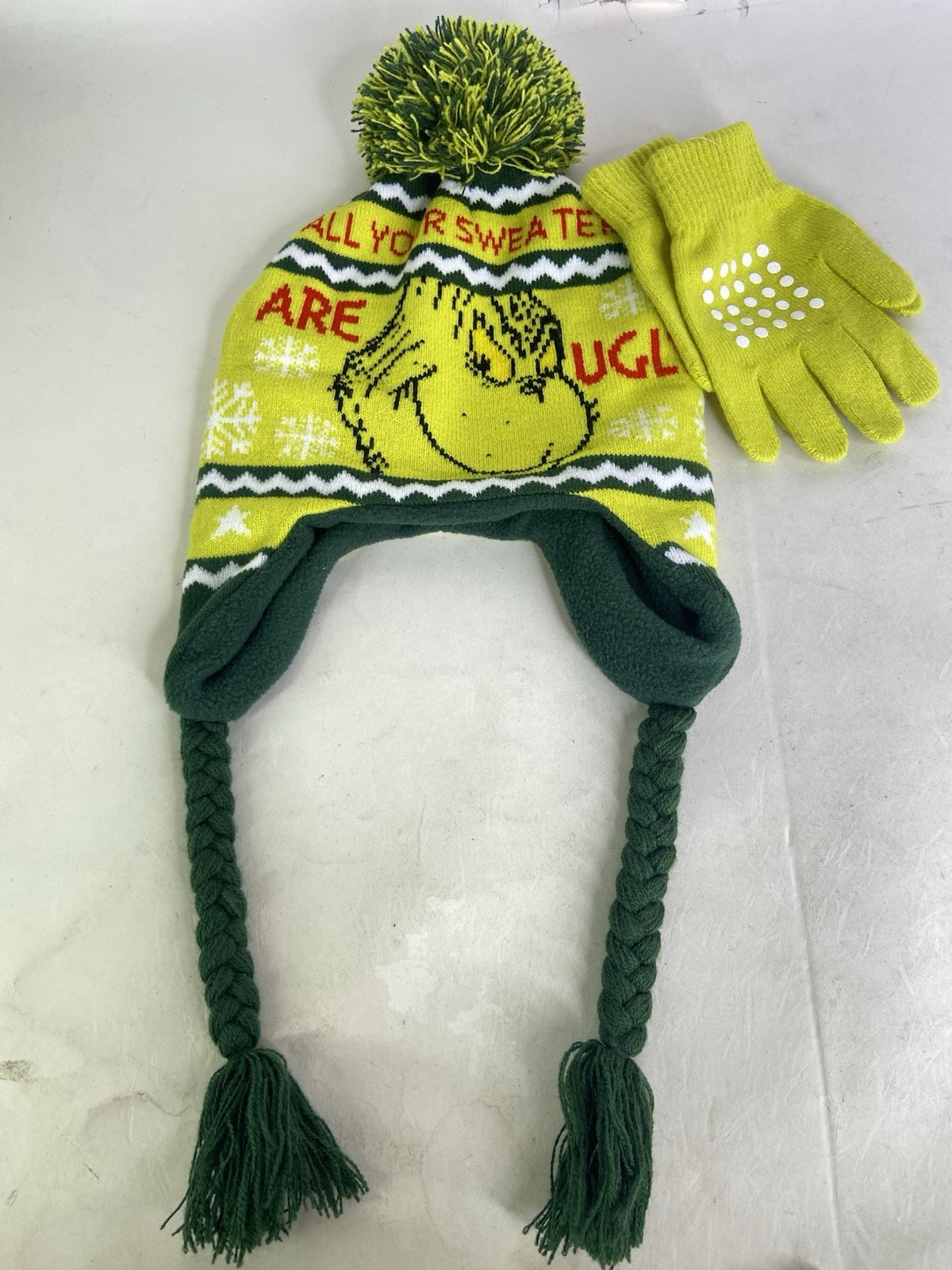The Grinch Knit Laplander Beanie Hat Cap and Gloves Set Youth Kids Boys Girls