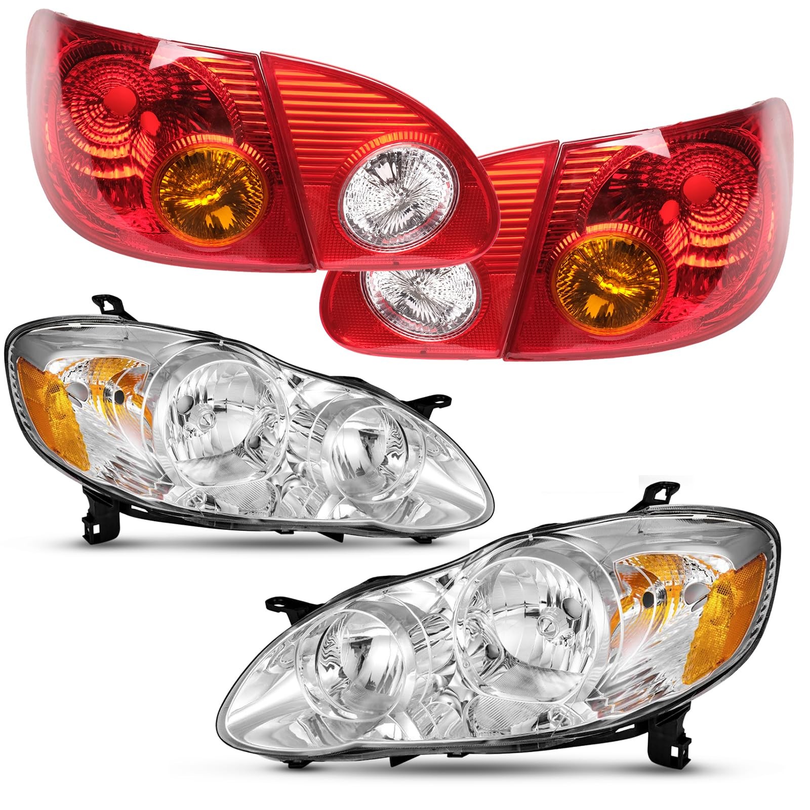 for 03 08 Toyota Corolla Headlight Red Tail Light Combo Chrome Housing Amber