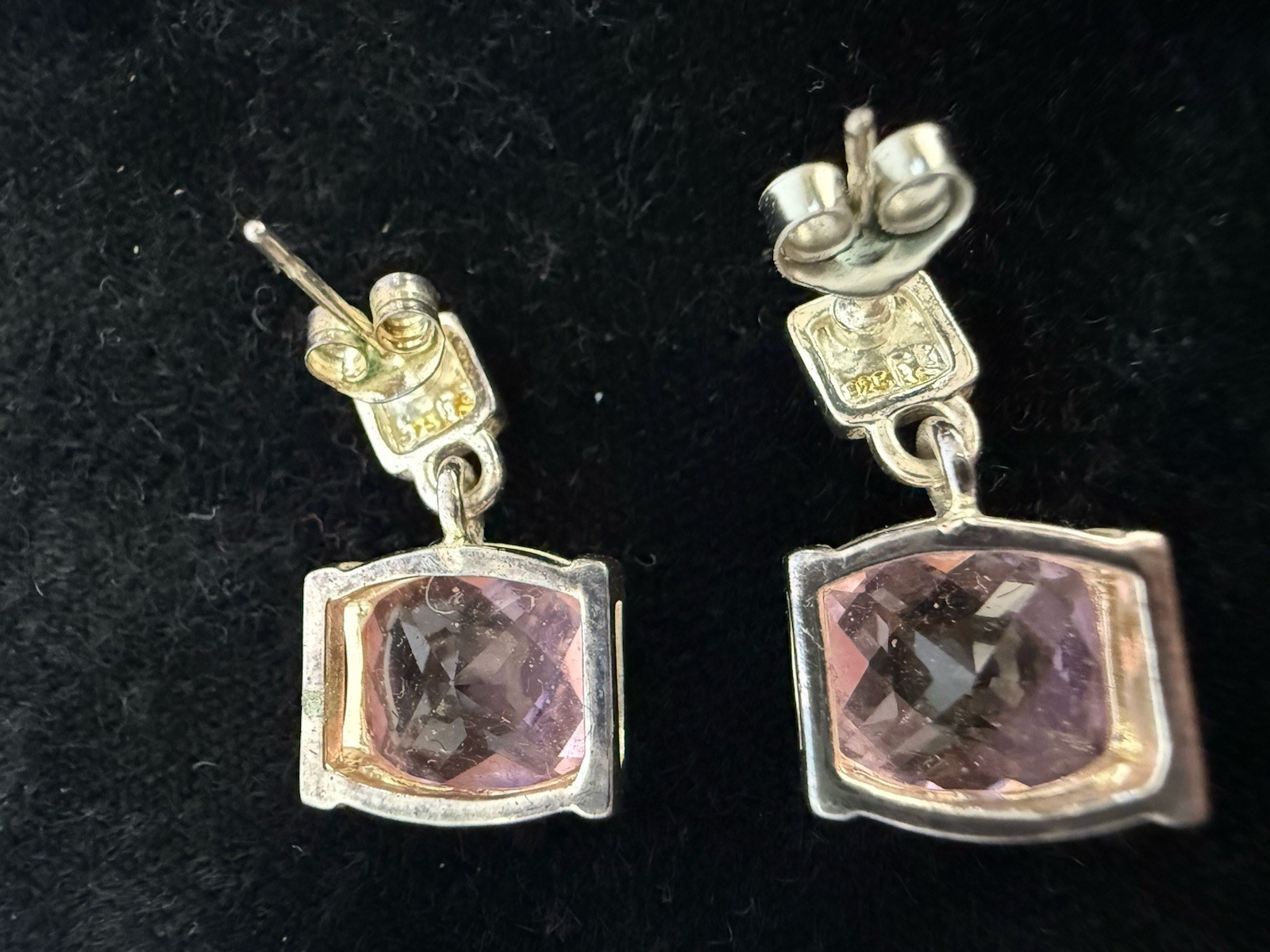 Pink Stone Silver Stud Square Dangle Earrings Sta… - image 2