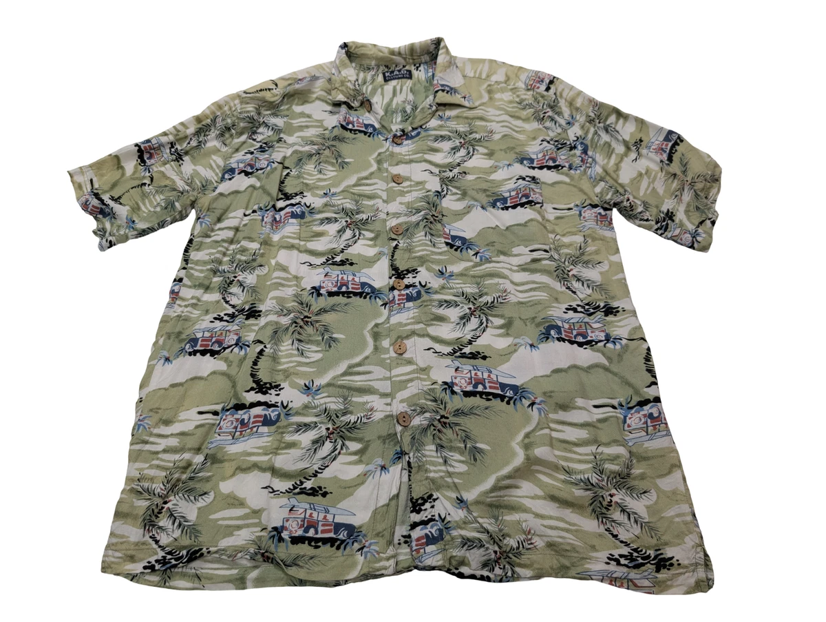 Chemise Hawaïenne Caribbean Joe Homme En Soie - Manches Courtes M, Motif Hibiscus Vert Gris Orange