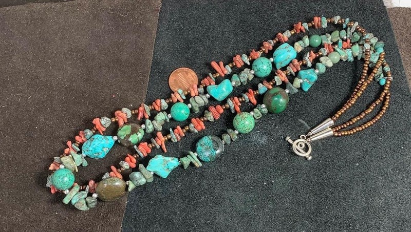 Old looking Tibetan turquoise/coral necklaces/$0.85 combined s/h fee(g164-w3.5)