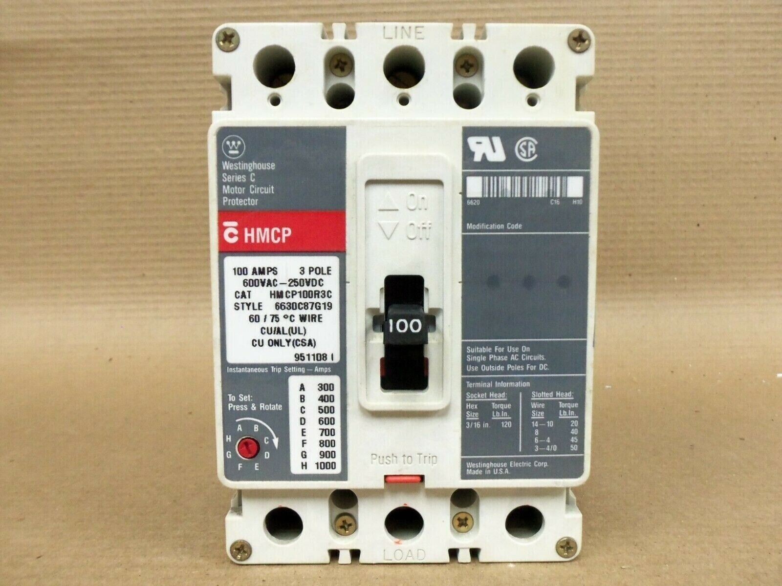 Westinghouse Cutler HMCP HMCP100R3C 3 Pole 100 Amp Circuit Protector AK