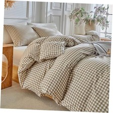 Grid Duvet Cover Set - Tan Gingham Washed Microfiber Comforter Queen Plaid-tan