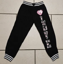 EXTREMELY ME Size 7/8 Joggers Sweatpants Black Floral LOVE & Sequin Heart