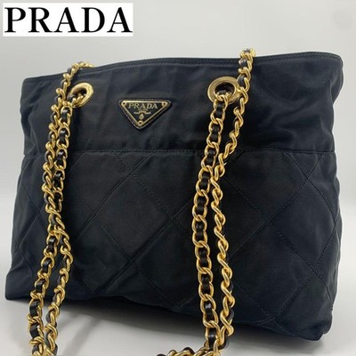 Prada Black Nylon Shoulder Bag with Chain and Triangular Logo Authentic
