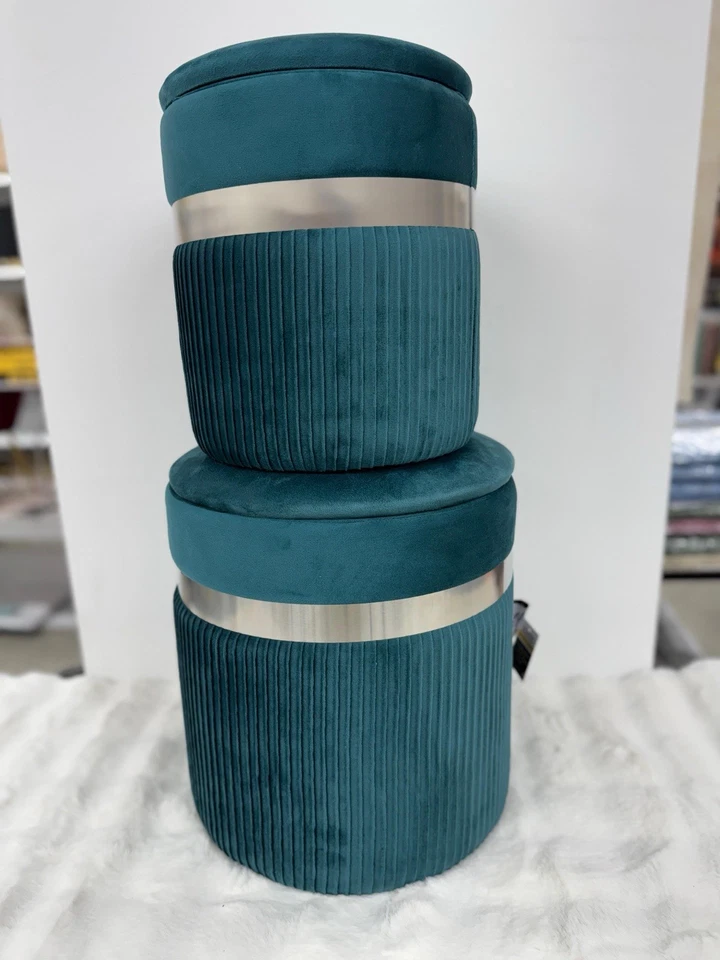 Set 2 Pouf Contenitore Velluto Verde Sgabello Poggiapiedi Con Argento - Immagine 4 di 4