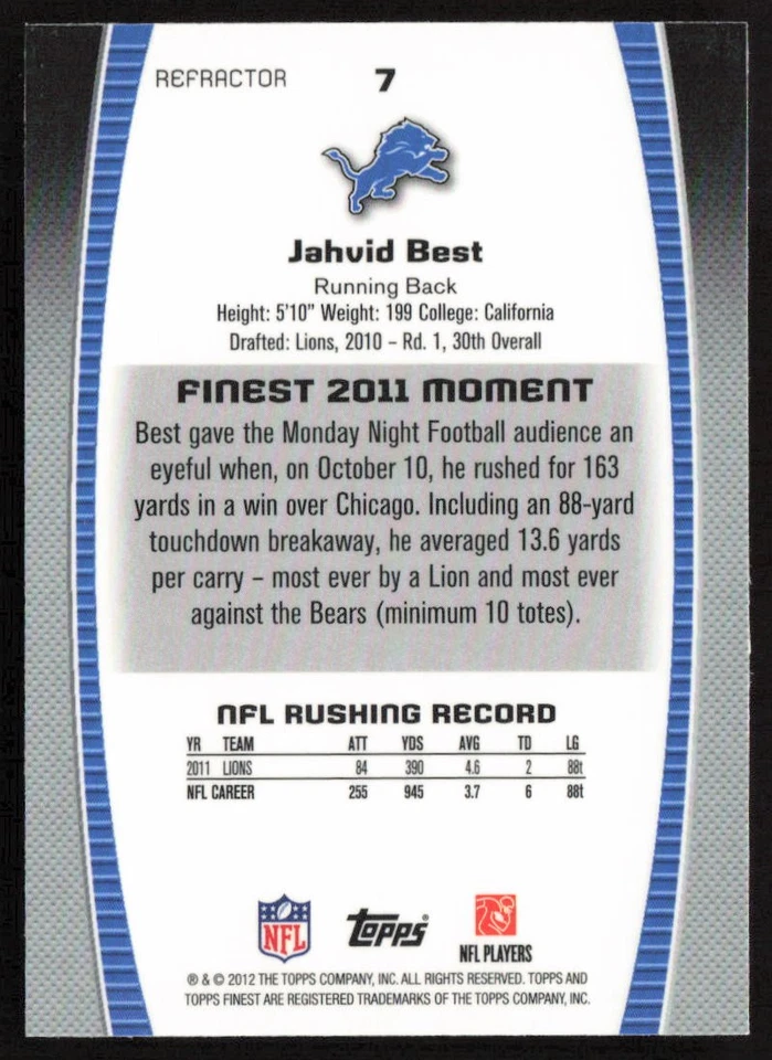 2012 Finest Prism Refractors Jahvid Best #7 Detroit Lions - Image 2 of 2
