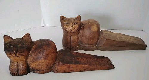 Vintage Hand Carved Wooden Cat Door Stop Large 12.5" Long Doorstop Lot Of 2